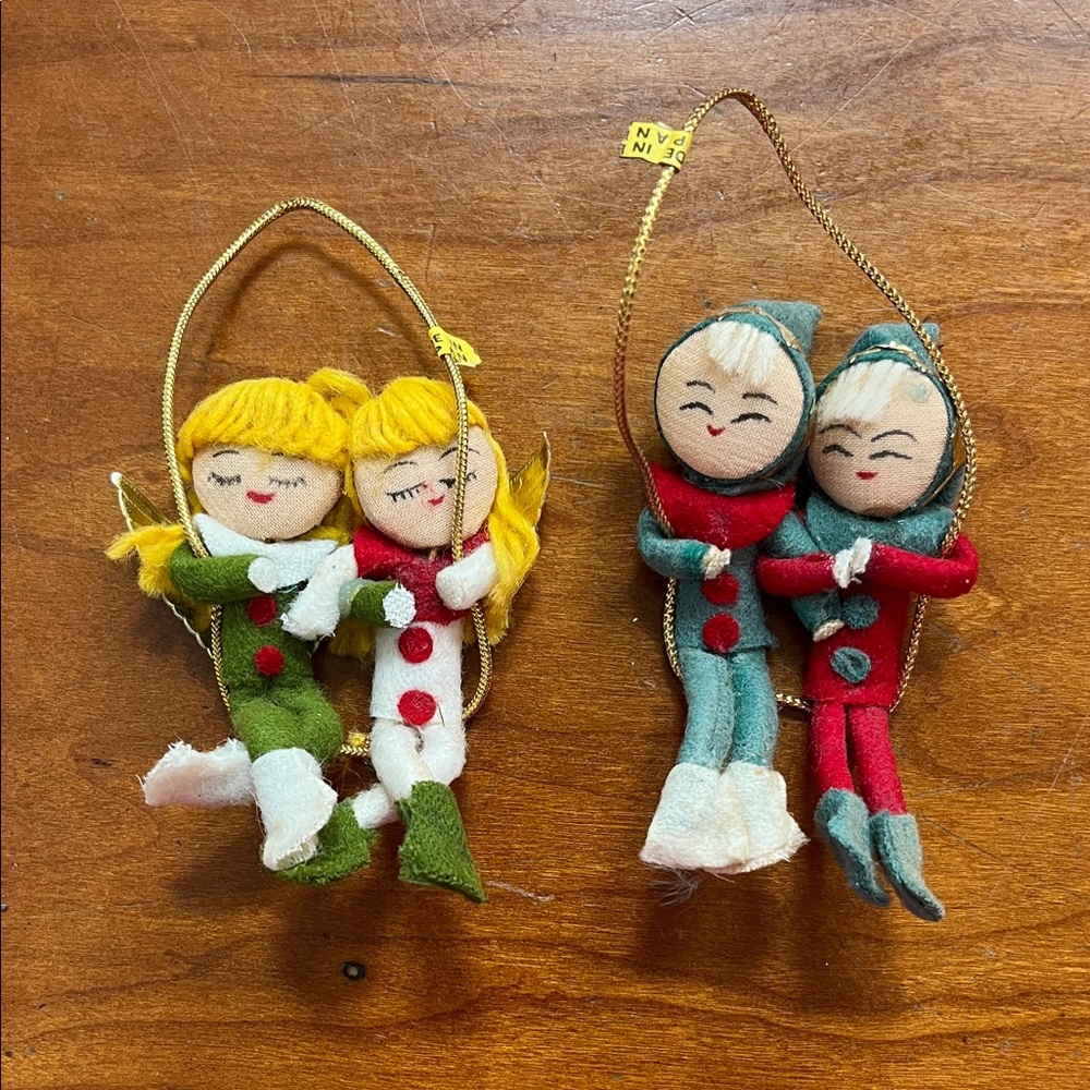 Shiny Brite Vintage 1950’s Ornaments. Felt Angel & Elf Pixies On A Swing Tree.